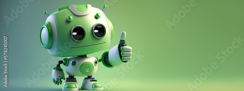 cute mini robot pointing fingers at copy space on green background. Generative AI