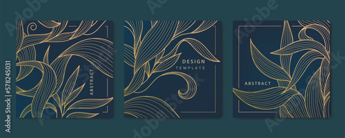 Vector set of abstract luxury golden square cards, post templates for social net, leaves botanical modern, art deco wallpaper background. Pattern, texture for print, fabric, packaging design