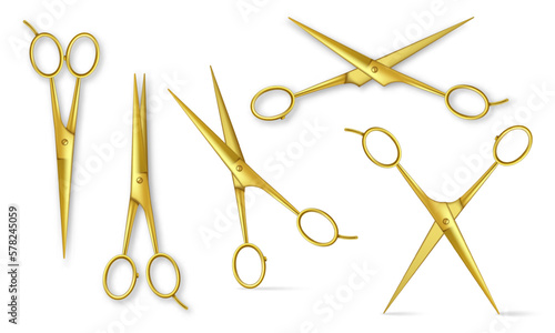 Realistic gold metal scissors. Closed and open stationery or hair salon golden scissor, barber tools top view isolated vector illustration set