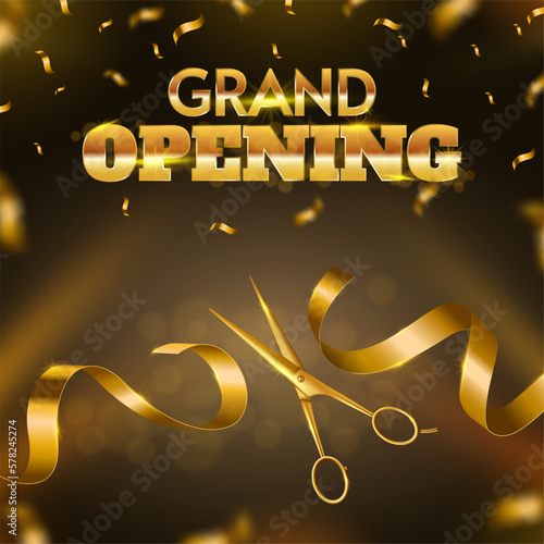 Grand opening ribbon cutting ceremony. Golden scissors cut ribbon, launching of new business luxury celebration event vector banner illustration