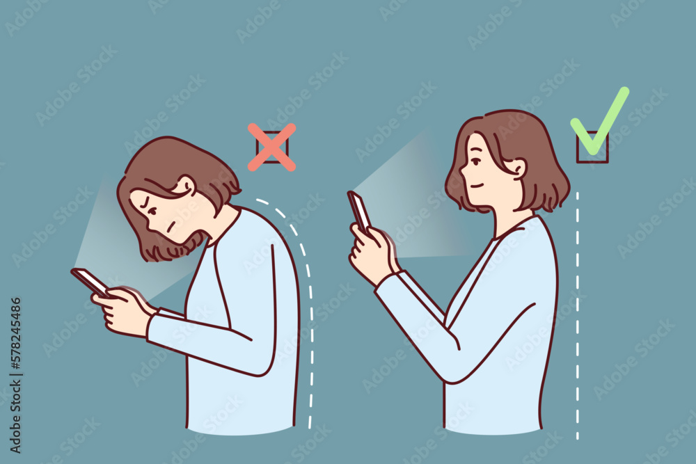 Girl with mobile phone demonstrates correct and incorrect posture while using applications. Woman with curvature of spine is hunched over due to poor posture and needs help of masseur or osteopath - obrazy, fototapety, plakaty 