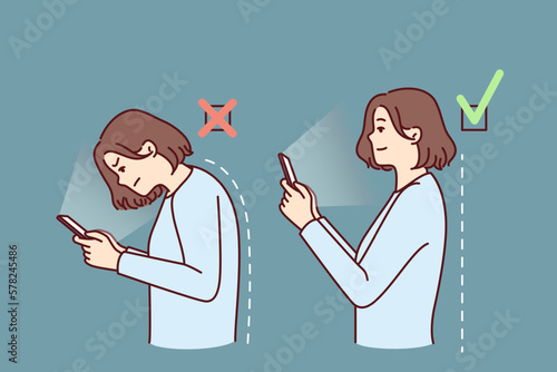 Girl with mobile phone demonstrates correct and incorrect posture while using applications. Woman with curvature of spine is hunched over due to poor posture and needs help of masseur or osteopath