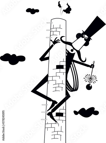 Chimney sweeper, rope, chimney brush, stove pipe.
Cartoon chimney sweeper in the top hat on the stove pipe with the rope and chimney brush. Black on white background
