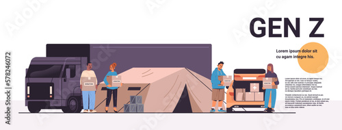 people holding donation help boxes with medical supplies near electric cargo van humanitarian aid material assistance generation Z