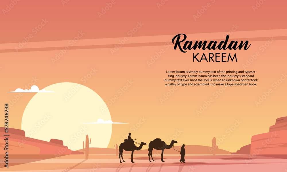 Ramadan kareem illustration with desert scenery beautiful bright sky on the desert with camel and caravan. Vector illustration. 