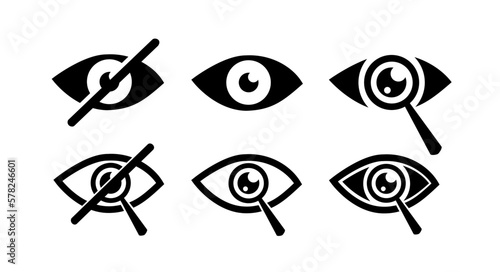 Eye icon set. Magnifier with eye icon. Show password. See and unsee symbol. Show password. Vector illustration of eyes symbols.