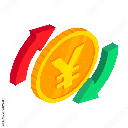 Isometric Yen exchange icon. Gold Yen coin with circle arrows. 3d Cash, Japanese currency, investment and banking concept, money exchange symbol. 3d Vector Yen currency exchange.