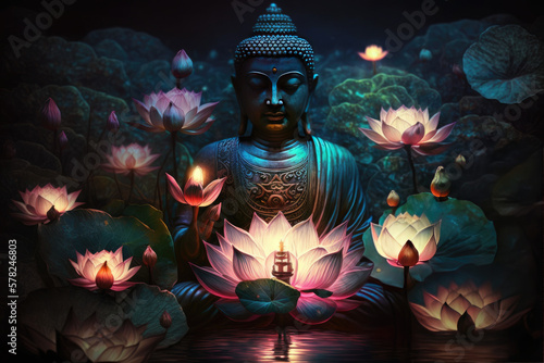 Foto glowing Lotus flowers and gold buddha statue, generative AI