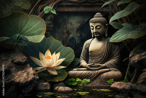 Papier peint glowing Lotus flowers and gold buddha statue, generative AI