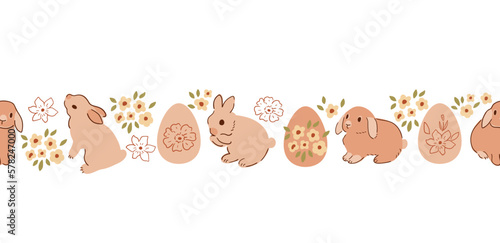 Floral rabbit bunny easter seamless border, cute hand drawn baby rabbits, easter eggs in pastel beige color repeat banner. Sweet spring holiday decorative frame vector design. Hare illustration.