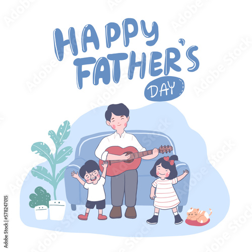 Happy Father's Day Father playing guitar and singing with son and daughter on fathers day