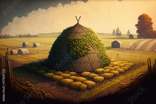 Obraz na płótnie small round haystack in field with vegetable gardens, created with generative ai
