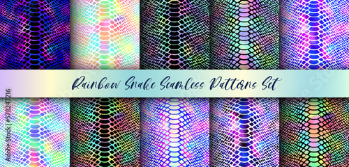 Trendy rainbow snake skin vector seamless patterns set. Neon wild animal reptile skin, shiny rainbow gradient repeat textures for fashion print design, wrapping paper, wallpaper, backgrounds.