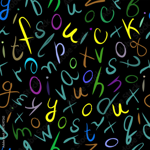 Abstract colorful pattern of handwritten letters. Composition in the form of arbitrary multi-colored squiggles on a black background. Vector illustration, EPS 10. Fuck you concept. Joke, humor.