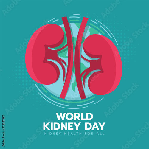 World kidney day - Two red pink kidney sign on circle globe world with line curve around on dot green texture background vector design