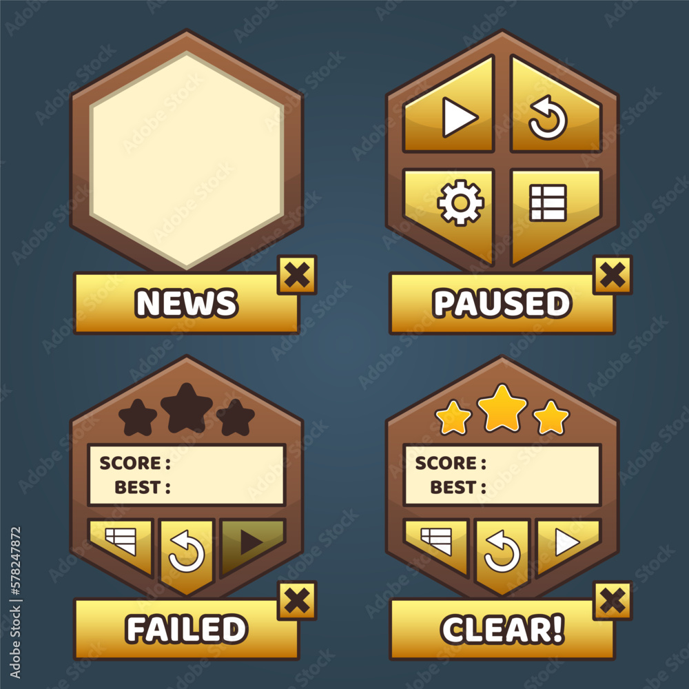 Obraz premium Vector game template gui kit. Game graphical user Interface GUI for build web and mobile games and apps.