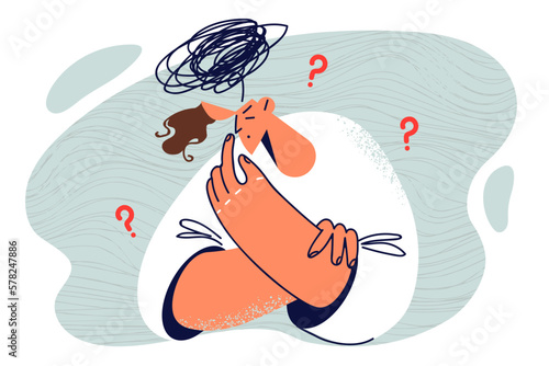 Man experiencing complex depression and suffering from anxiety stands near tangled clot above head