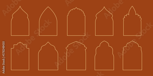 Collection of oriental line art style Islamic windows and arches  door mosque  mosque dome and lanterns. Ramadan Kareem concept design. Outline vector illustration
