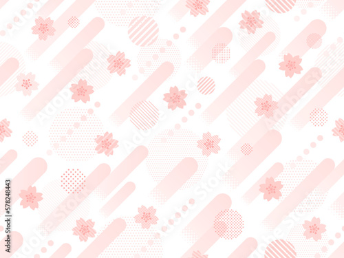 桜とドットとストライプ柄の円と上昇するラインのパターン背景