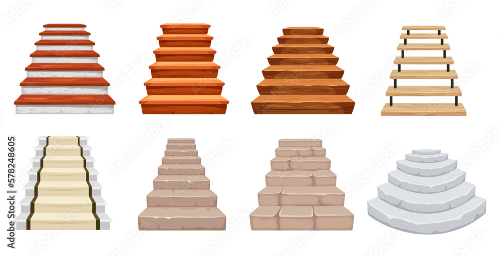Cartoon stairs. Wooden and stone castle staircase, steps up and antique architecture stairway isolated vector illustration set Cartoon stairs. Wooden and stone castle staircase, steps up and antique architecture stairway isolated vector illustration set