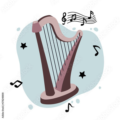 Harp and music notes. Classical string musical instrument. Cute flat cartoon style. Harp icon. Vector illustration