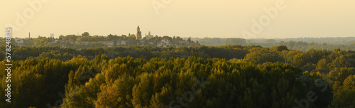 Gardos Tower also known as Millennium Tower and Zemun town over Great War island woodland landscape in autumn sunset photo