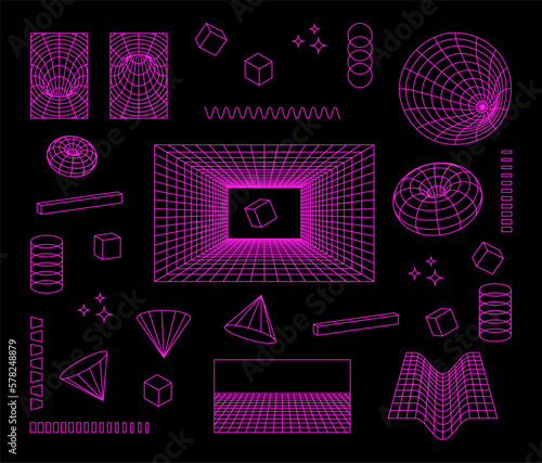 Set 3D wireframe futuristic perspective gride elements vector design in neon pink color