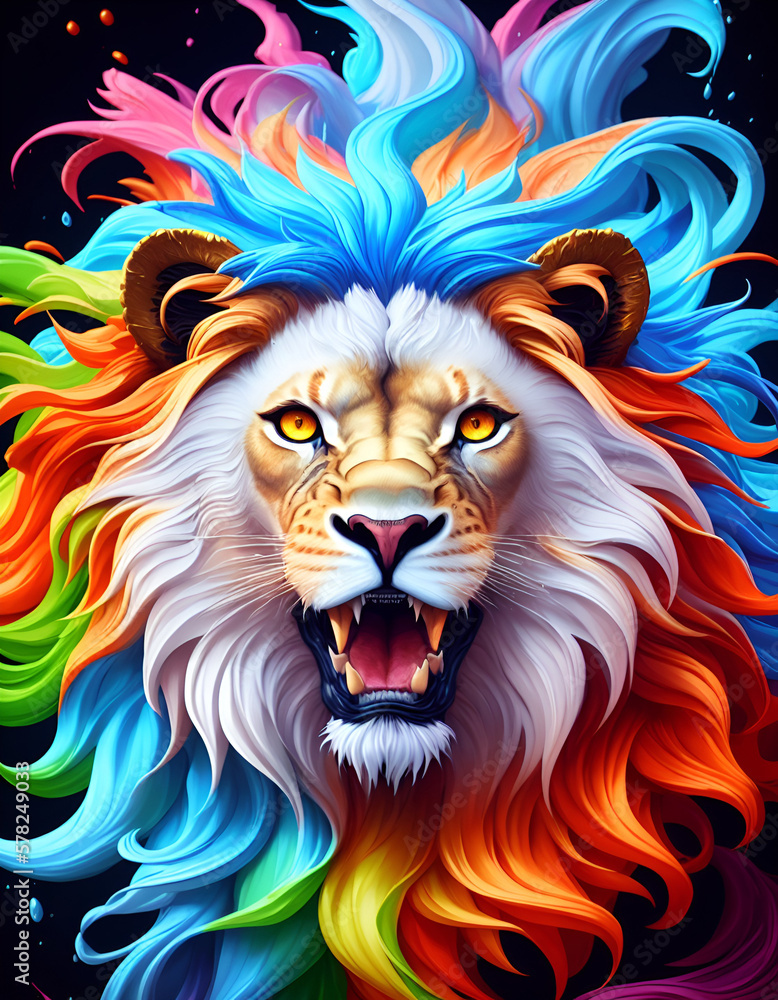 Splash multicolored art a lion head. AI generated illustration Splash multicolored art a lion head. AI generated illustration