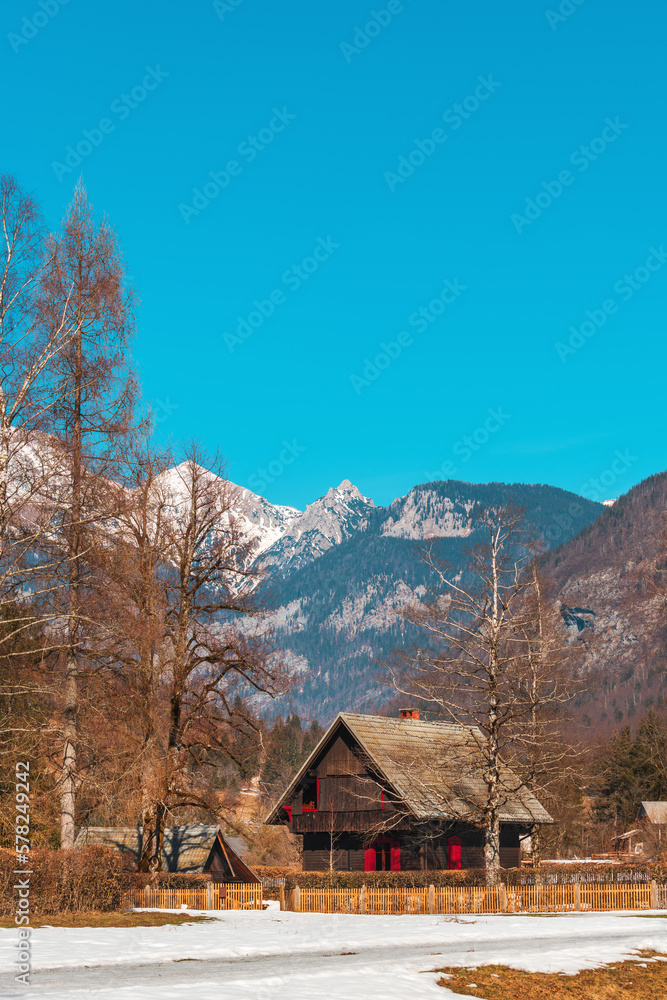 Traditional slovenian wooden mountain house in Triglav national park Traditional slovenian wooden mountain house in Triglav national park