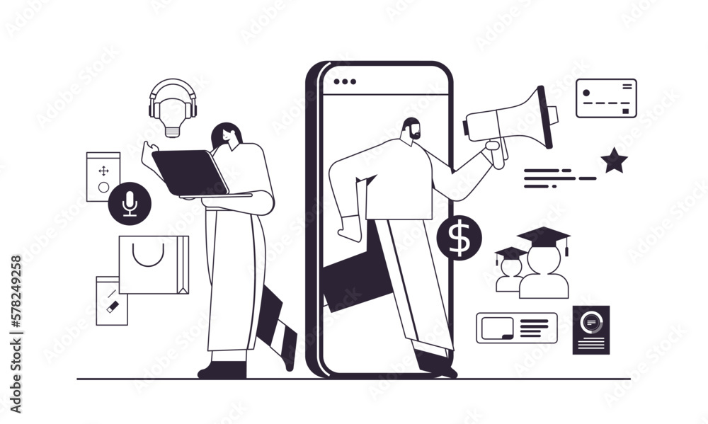 PR agency team using loudspeaker to communicate with audience marketing campaign public relations concept PR agency team using loudspeaker to communicate with audience marketing campaign public relations concept