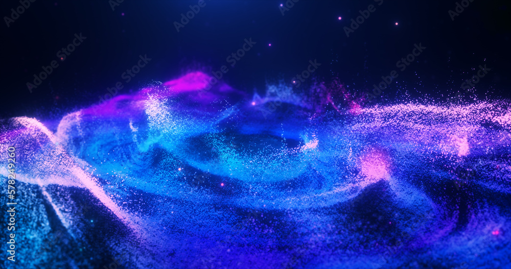 Fototapeta premium Abstract moving blue futuristic landscape of particles and dots of energetic magic with glow and blur effect, abstract background
