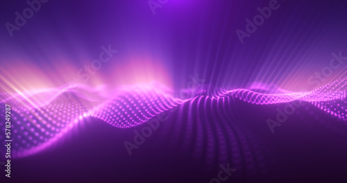 Abstract glowing purple magic energy wave from particles and dots bright shiny on a dark blue background. Abstract background