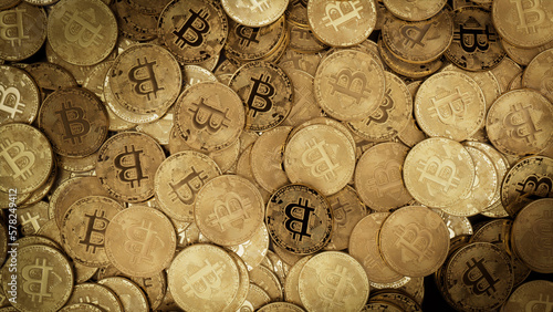 Bitcoin Cryptocurrency represented as Gold Coins. Digital Banking Background. 3D Render.