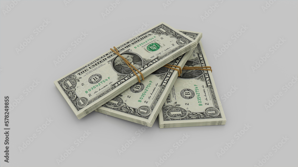 Three bundles of One Dollar Bills. Savings concept with Cash on White Surface. Three bundles of One Dollar Bills. Savings concept with Cash on White Surface.