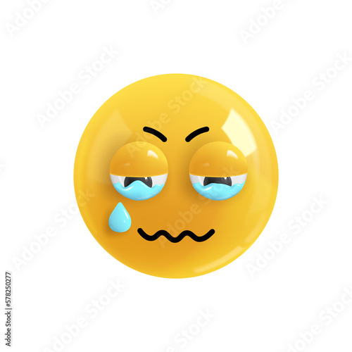 Emoji face upset and in tears. Realistic 3d Icon. Render of yellow glossy color emoji in plastic cartoon style isolated on white background. Png. Illustration
