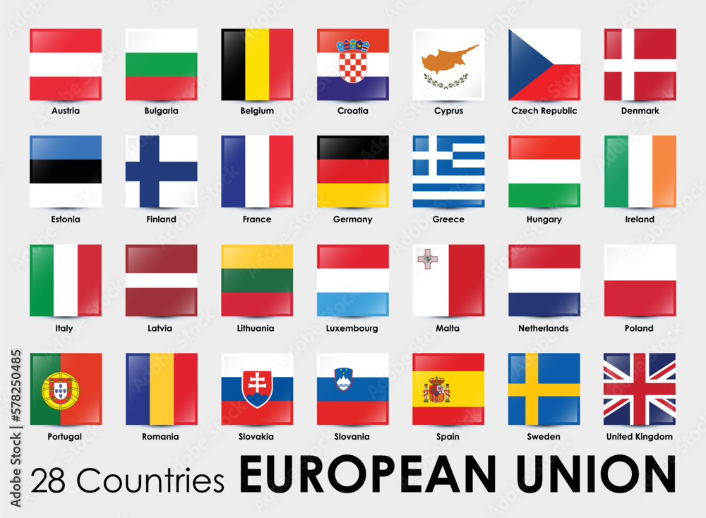 Vector illustration of square shape flags of the 28 countries European ...