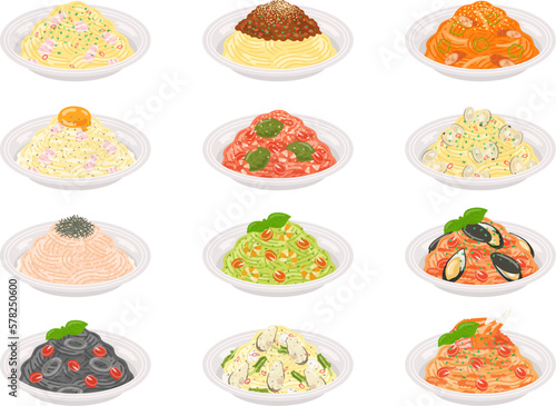 さまざまな種類のパスタのイラストセット