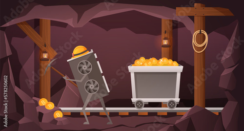 GPU Crypto mining. Graphic card miner worker character mining bitcoins, digital currency in mine cartoon vector Illustration