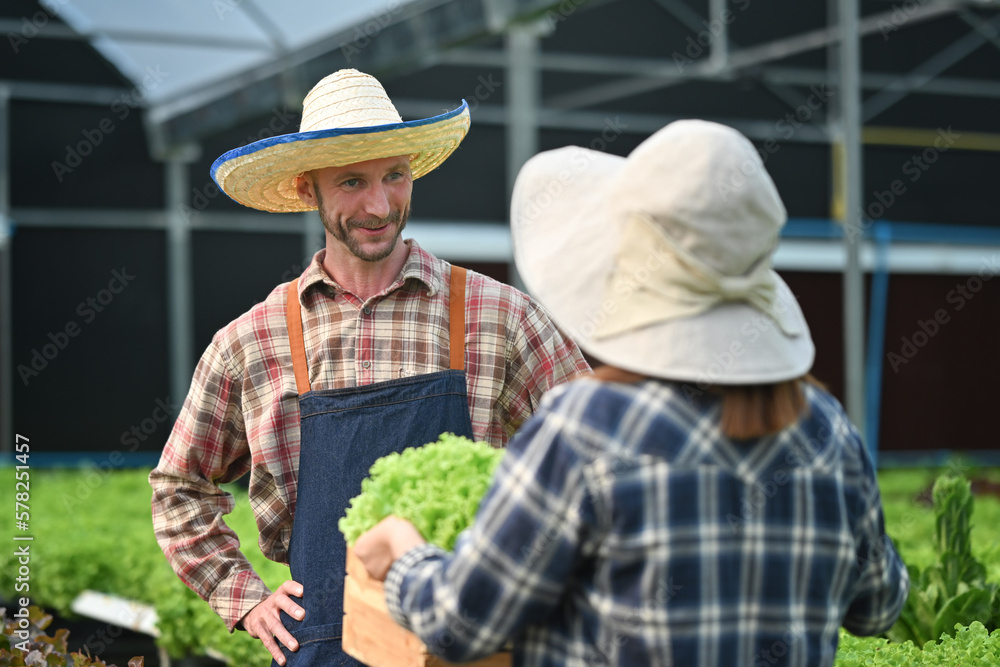 Smiling caucasian farmer selling organic vegetables to customer investor. Agriculture business concept