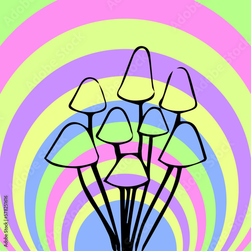 icon, background with colored waves and silhouette mushrooms in psychedelic hippie style.