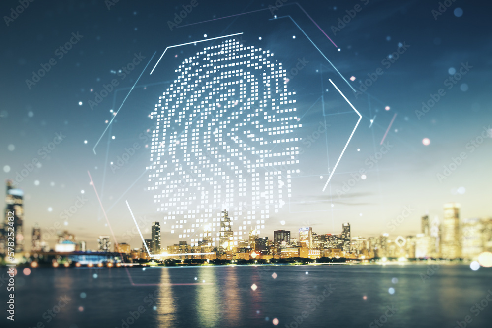 Multi exposure of virtual abstract fingerprint illustration on Chicago city skyline background, digital access concept