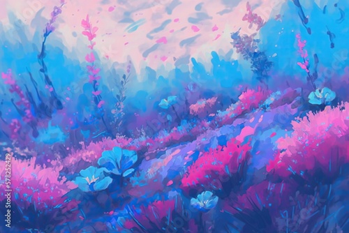 Fantasy glowing pink and blue blue flowers background. Generative AI illustration © Evarelle