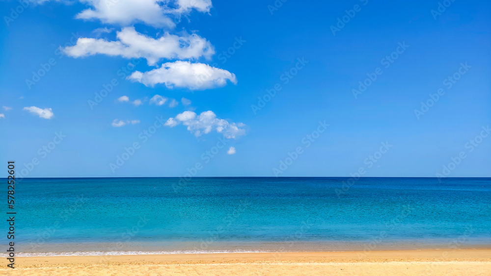 beach, sea, white clouds and blue sky