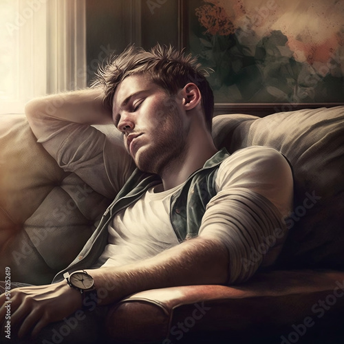 Man sitting on sofa with his hand behind head. 
