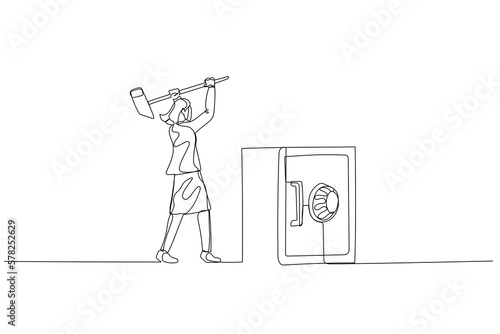 Drawing of businesswoman try to break safety deposit box with hammer. Concept of crime. One continuous line art style
