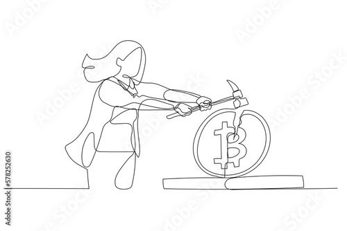 Cartoon of businesswoman with hammer smashing bitcoin coin. Concept of downfall of cryptocurrency. One line art style