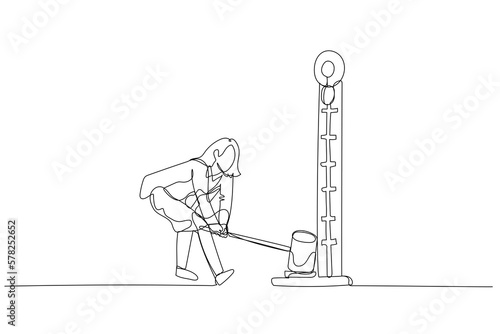 Illustration of businesswoman hitting strength measurement tool. Concept of power estimation. Single continuous line art style