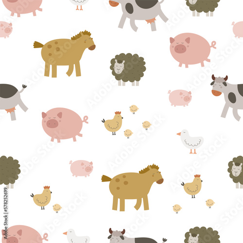 Seamless pattern with cartoon cow, sheep, horse, pig. Farm. Flat colorful vector for kids. hand drawing. animals. baby design for fabric, textile, wrapper, print.