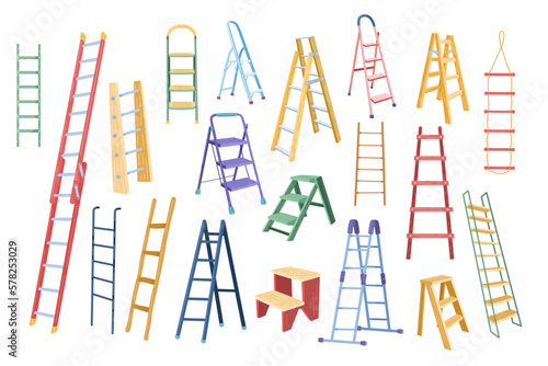 Cartoon ladder. Different types of stepladders, tall ladders for scaling new height isolated vector illustration set