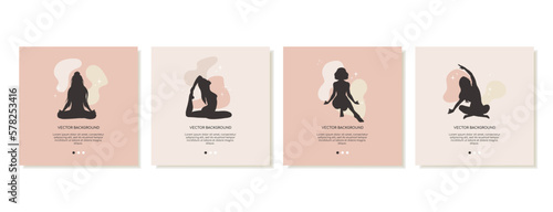 Set of girls in different yoga poses in silhouette. Square templates for social media. Vector